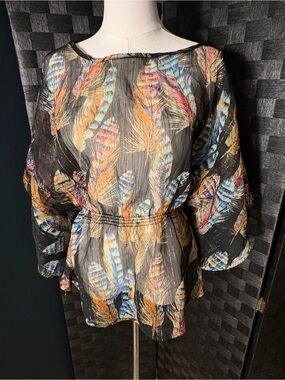 Myth NYC Y2K Boho Sheer Feather Peplum Blouse Metallic Pinstripe Top